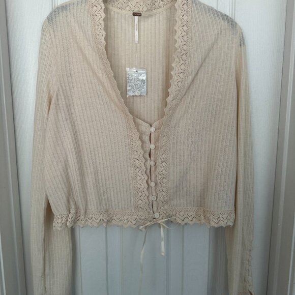 NWT, Free People Third Date Top, Crocheted Hem, Almond / Off-white Color, L - Picture 4 of 14